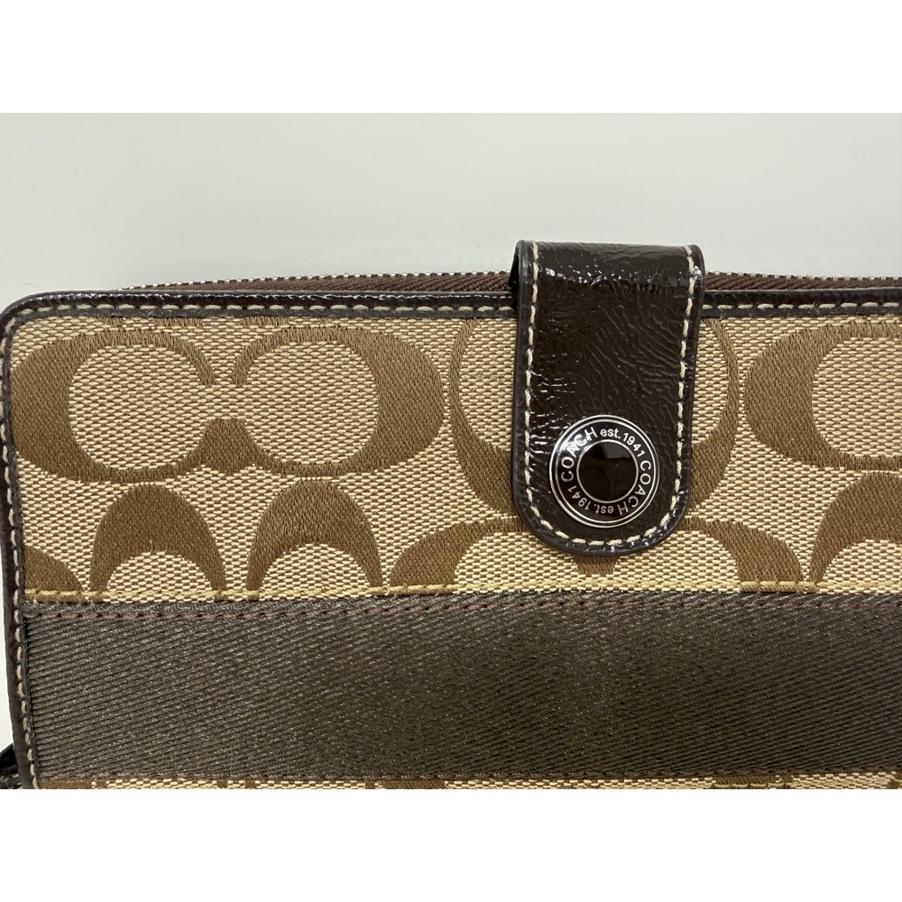Coach Signature C Brown Tan Monogram Striped Accordion Zip Long Wallet - Picture 2 of 16